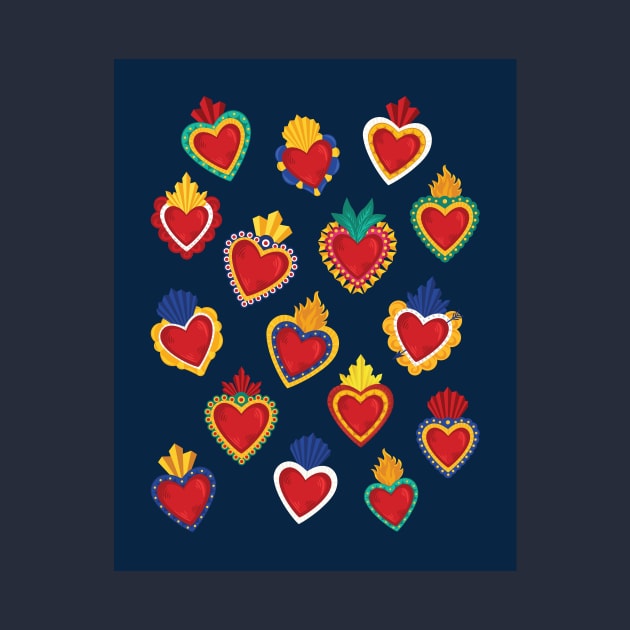 Mexican Sacred Hearts Pattern / Blue Background by Akbaly by Akbaly