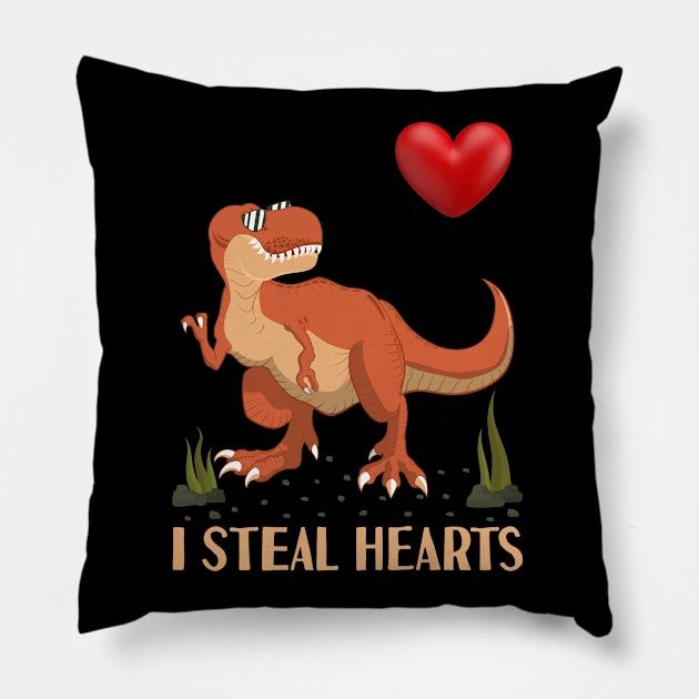 I Steal Hearts Valentines Day Trex Dinosaur Pillow by Tesszero