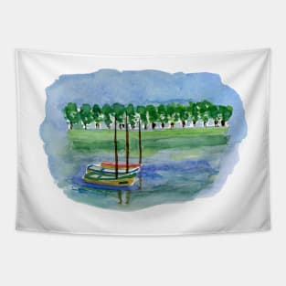 Canoes Watercolor Painting, Watercolor landscape canoes Tapestry