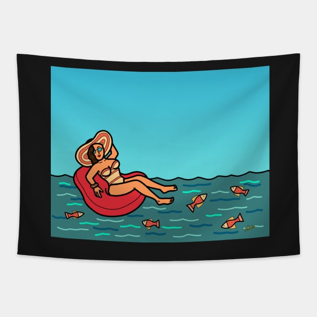 Young female woman in swim ring floatie summer Tapestry by Nalidsa