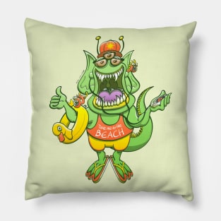 Friendly alien rising its thumb to get a ride to the beach Pillow