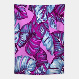 Tropical Leaves Of Banana and Monstera Blue Pink Cut Out Tapestry