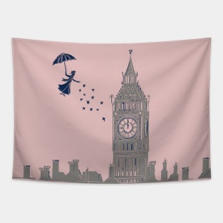 Mary Poppins Flying over Big Ben Linocut in Pink and Grey Tapestry