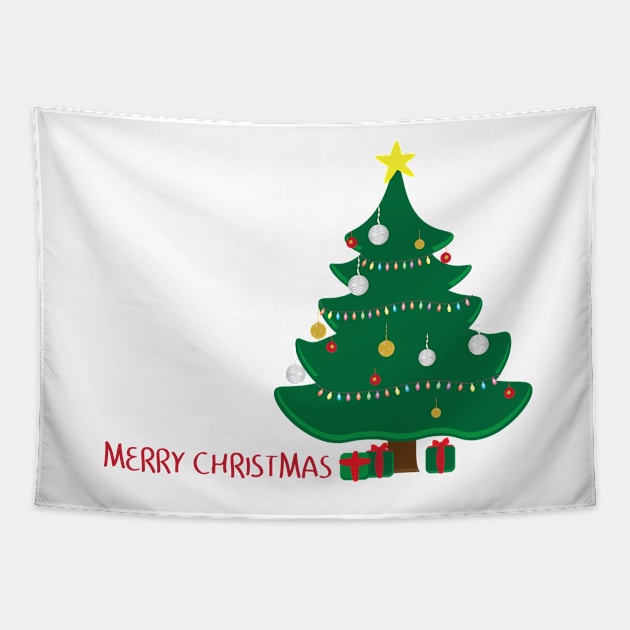 Decorated Christmas tree, Green and Red gifts and merry christmas greeting on white background Tapestry by sigdesign