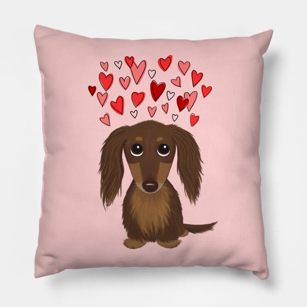 Cute Wiener Dog | Longhaired Chocolate Dachshund with Valentine Hearts Pillow by Coffee Squirrel