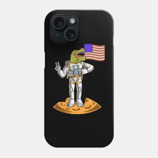 Engraving cool dude in space suit dino t-rex hold american usa flag on moon the first flight on moon space Phone Case