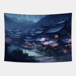 Moonlit Japanese Mountain Village with Cherry Blossom Trees Tapestry