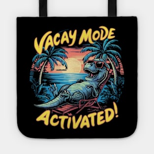 A vivid and amusing design featuring a laid-back dinosaur in sunglasses, lounging effortlessly on a beach chair. (2) Tote