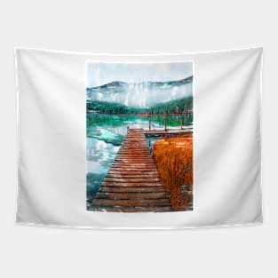 Wooden Jetty Serene Lake Tapestry