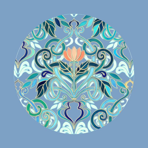 Ocean Aqua Art Nouveau Pattern with Peach Flowers by micklyn