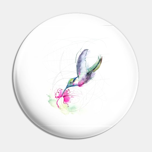 Watercolor Hummingbird with flower Pin by PaintsPassion