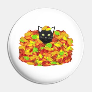 Black and White Tuxedo Cat Playing in a Pile of Fallen Autumn Leaves (White Background) Pin