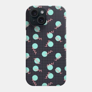 Cyan Circles and Pink sharp angled lines on dark grid pattern Phone Case