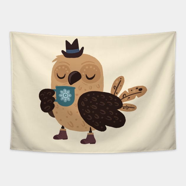 Even Mr Owl Needs A Cup Of Coffee Sometimes Tapestry by LittleBunnySunshine