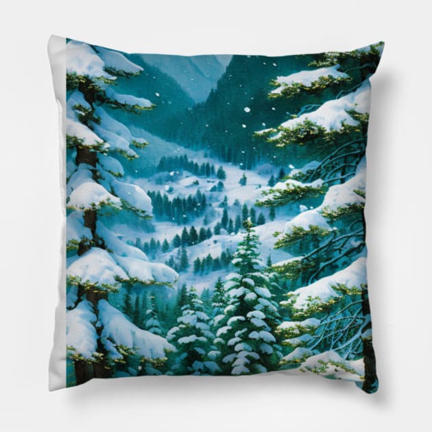 Lovely Snowy Valley in Winter Pillow by CursedContent