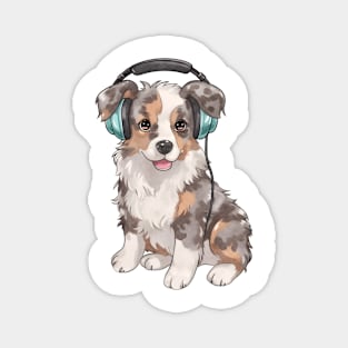 Watercolor Australian Shepherd Dog with Headphones Magnet