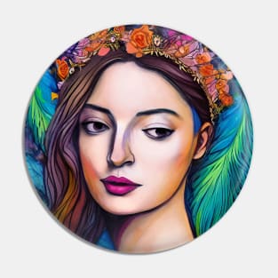 Woman in Floral and Feather Crown / Headdress Pin