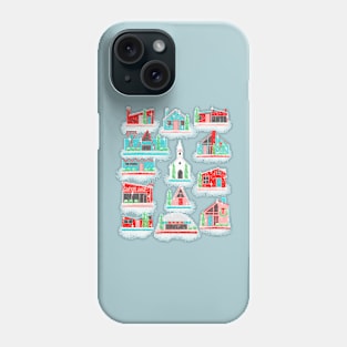 Red, Turquoise and Pink Putz village with snow Phone Case