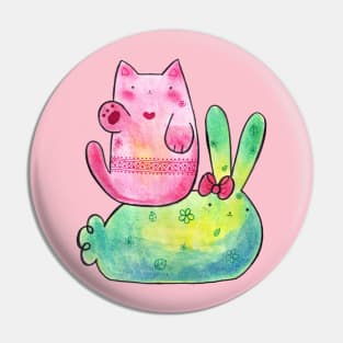 Pink Cat and Green Bunny Pin