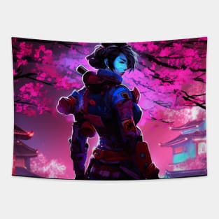 Sakura Female Cyberpunk Samurai Cherry Blossoms Tapestry