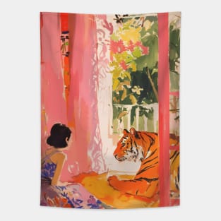 Pink Tiger and Woman Matisse Boho Tapestry