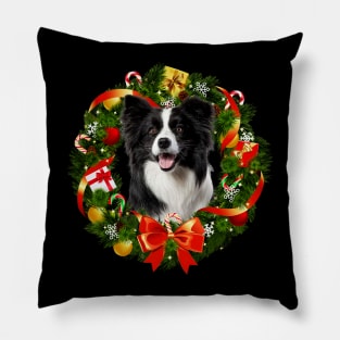 Funny Border Collie Christmas Wreath Ornament Pillow