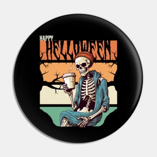 Spooky Skeleton Enjoying Coffee, Happy Halloween Graphic Pin