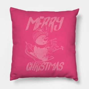 Skiing Snowman - Merry Christmas - Pink Pillow