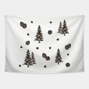 Wintery Pinecone, Snowy Tree and Stars Pattern Digital Illustration Tapestry