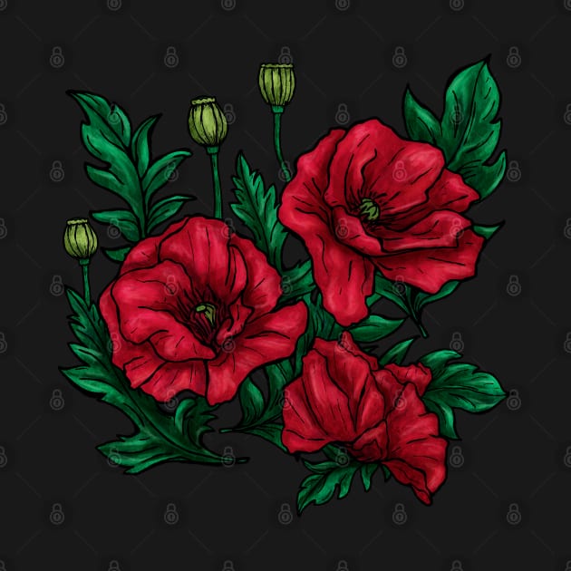 Decorative red and green poppies flowers on black by NadiaChevrel