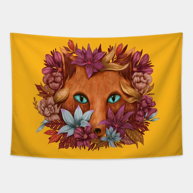 fox flowers hand drawn Tapestry by Mako Design 