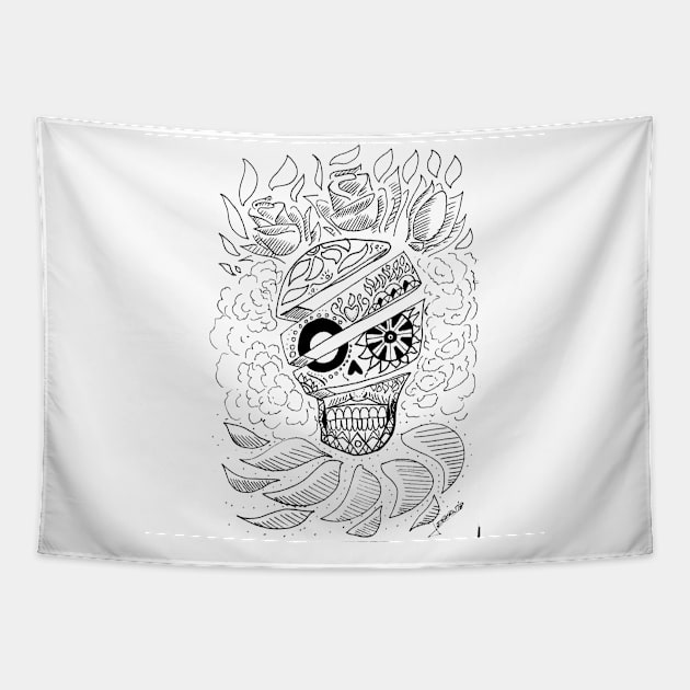 skull in mexican roses wall ecopop Tapestry by jorge_lebeau