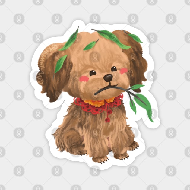 Poodle Holding Leaf Branch Magnet by Khotekmei