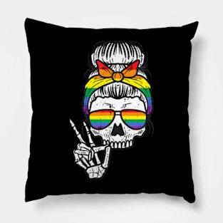 Gay Pride Messy Bun Skull  Flag Lgbt Women Girls Kids Pillow