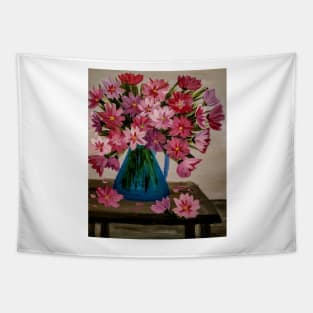 Abstract red and pink flowers im a metallic blue jug vase . On a table Tapestry