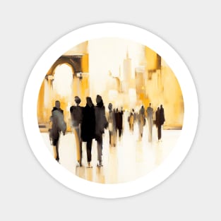 Silhouettes of people walking on city street, abstract impressionism painting Magnet