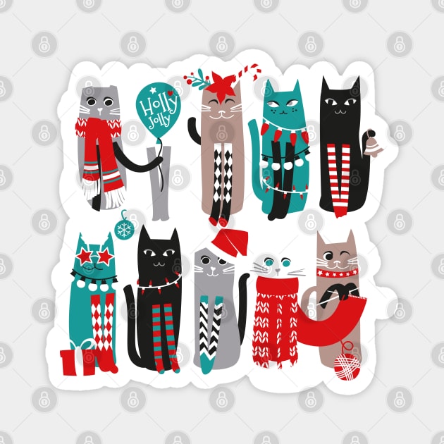 Feline Christmas vibes // print // dark teal background grey mint white brown and black kittens Magnet by SelmaCardoso