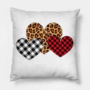 Valentine Three Hearts Leopard Buffalo Plaid Valentine's day Gifts Pillow