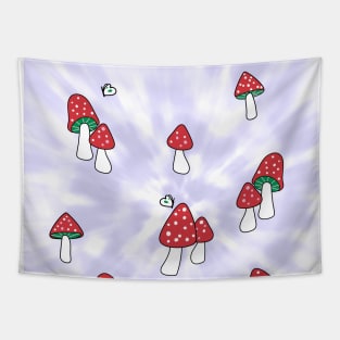 Aesthetic Red Hatted Mushrooms and Butterflies on a Lilac Pastel Tie Dye Background Tapestry