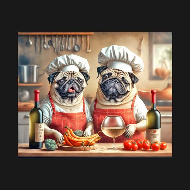 Pug Chefs Cooking in the Kitchen by candiscamera