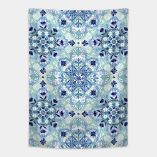 Navy Blue, Green & Cream Detailed Lace Doodle Pattern Tapestry