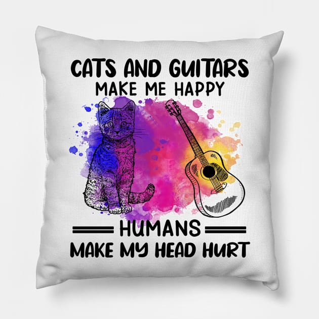 Cats And Guitars Make Me Happy Humans Make My Head Hurt Pillow by Jenna Lyannion