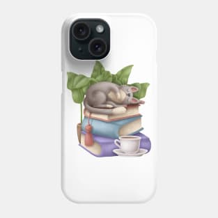 Cute Cat Napping on Books with Tea Phone Case