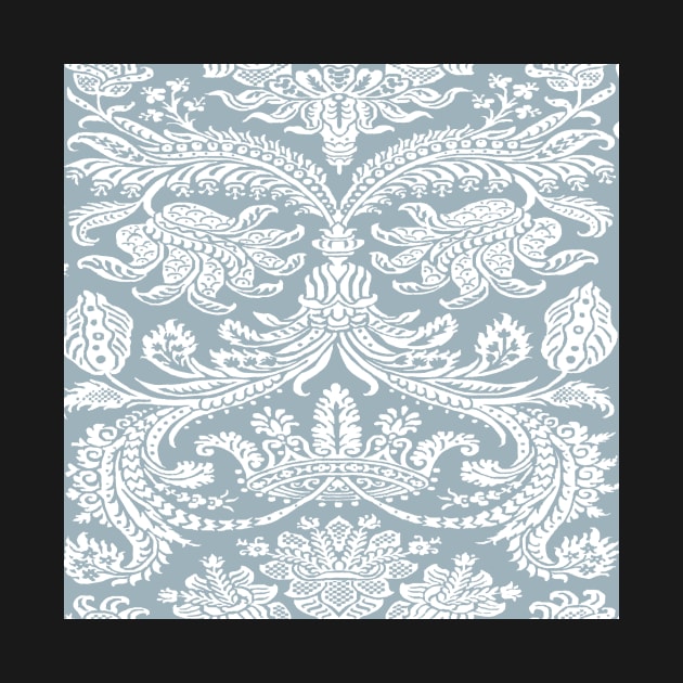 White on Dusty Blue Medieval Damask Scrolls by JamieWetzel