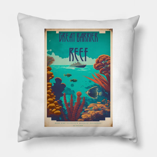 Great Barrier Reef Australia Vintage Travel Art Poster Pillow by OldTravelArt