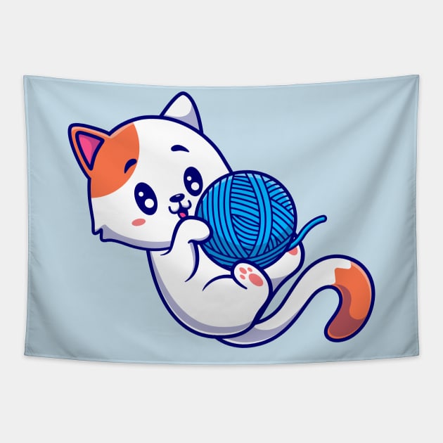 Cute Cat Playing Yarn Ball Cartoon Tapestry by Catalyst Labs