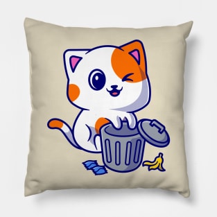Cute Cat Playing On Rubbish Bin Cartoon Pillow