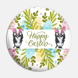 Happy Easter with Long Haired Chihuahua Dog with Bunny Ears Pin