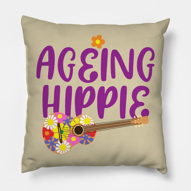 Sixties Ageing Hippy Retro Guitar Pillow by HotHibiscus