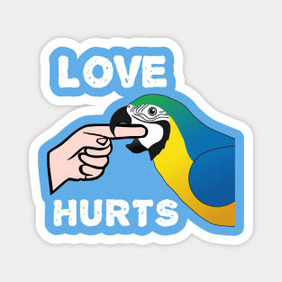 Love Hurts Blue and Gold Macaw Parrot biting Magnet